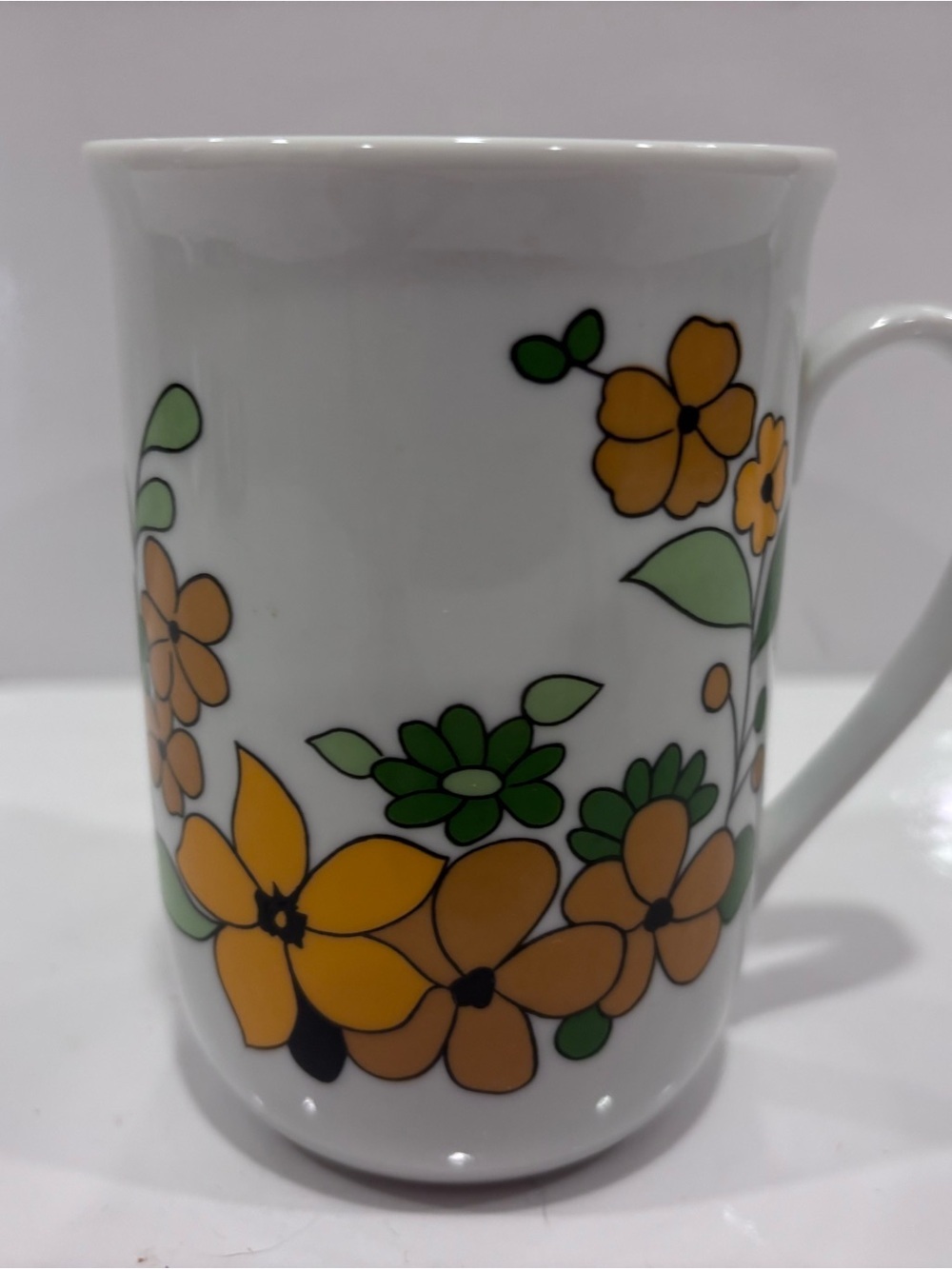 Vintage Gibson Scotia floral coffee mug retro 1970s orange yellow green flowers